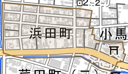 浜田町とその周辺の地図。町の範囲を重ねている