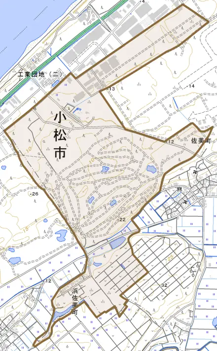 浜佐美町とその周辺の地図。町の範囲を重ねている