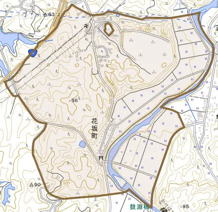 花坂町とその周辺の地図。町の範囲を重ねている