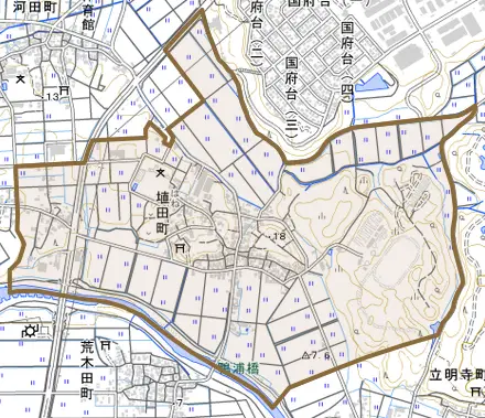 埴田町とその周辺の地図。町の範囲を重ねている