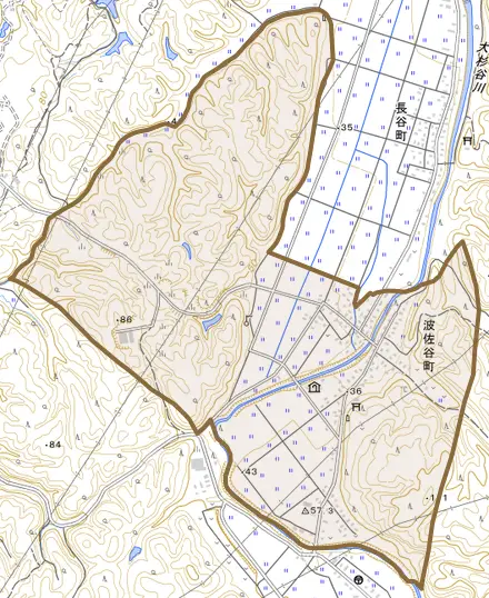 波佐谷町とその周辺の地図。町の範囲を重ねている