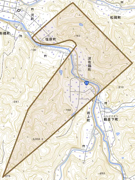 波佐羅町とその周辺の地図。町の範囲を重ねている