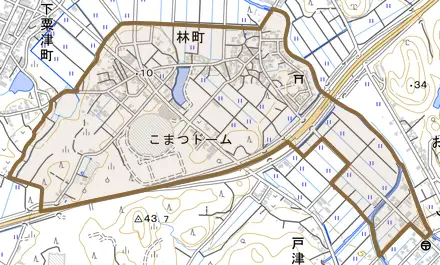 林町とその周辺の地図。町の範囲を重ねている