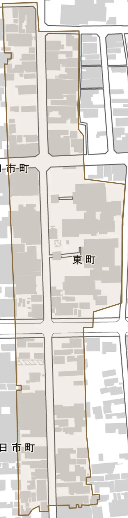 東町とその周辺の地図。町の範囲を重ねている