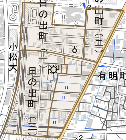 日の出町とその周辺の地図。町の範囲を重ねている