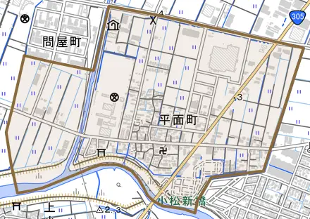 平面町とその周辺の地図。町の範囲を重ねている