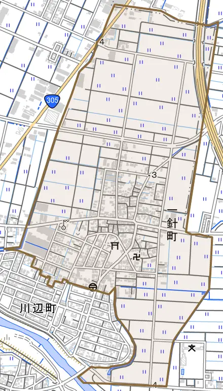 一針町とその周辺の地図。町の範囲を重ねている