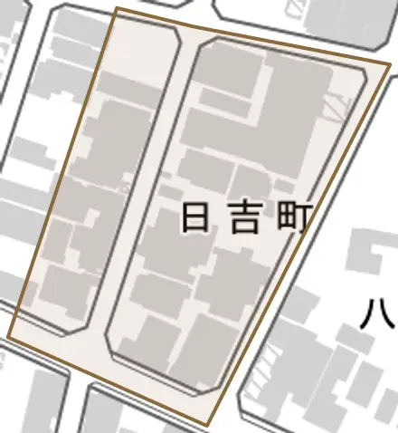 日吉町とその周辺の地図。町の範囲を重ねている