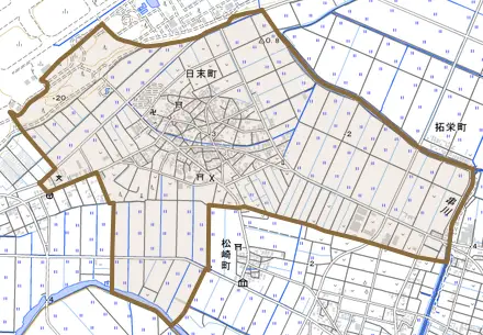 日末町とその周辺の地図。町の範囲を重ねている