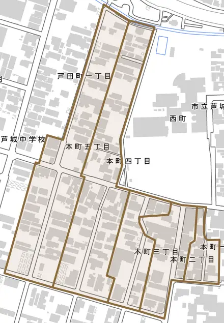 本町とその周辺の地図。町の範囲を重ねている