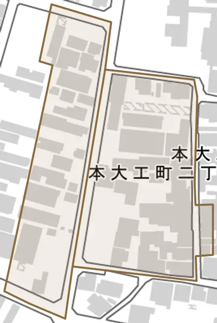 本大工町とその周辺の地図。町の範囲を重ねている
