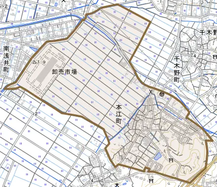本江町とその周辺の地図。町の範囲を重ねている