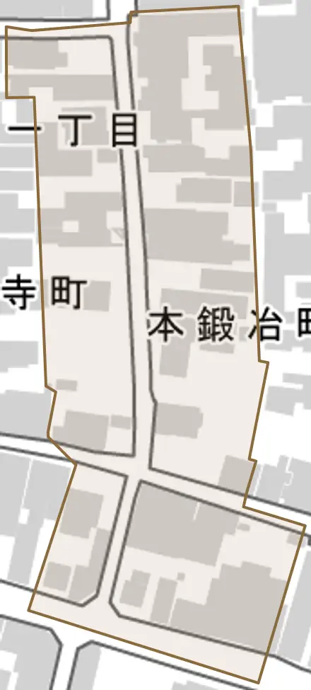 本鍛冶町とその周辺の地図。町の範囲を重ねている