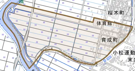育成町とその周辺の地図。町の範囲を重ねている