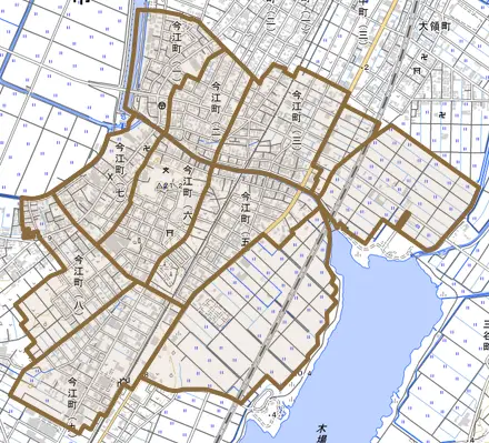 今江町とその周辺の地図。町の範囲を重ねている