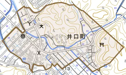 井口町とその周辺の地図。町の範囲を重ねている