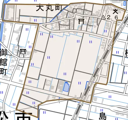 犬丸町とその周辺の地図。町の範囲を重ねている