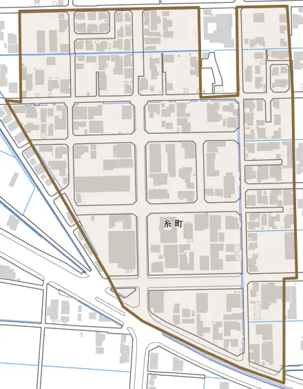 糸町とその周辺の地図。町の範囲を重ねている