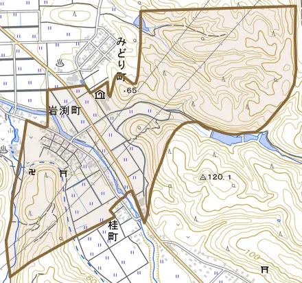 岩渕町とその周辺の地図。町の範囲を重ねている