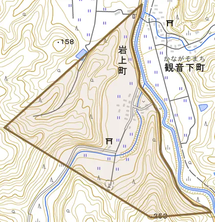 岩上町とその周辺の地図。町の範囲を重ねている