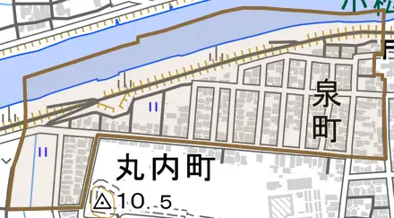 泉町とその周辺の地図。町の範囲を重ねている