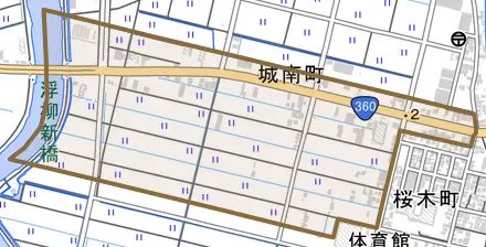 城南町とその周辺の地図。町の範囲を重ねている