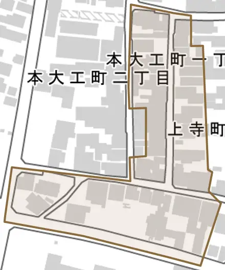 上寺町とその周辺の地図。町の範囲を重ねている