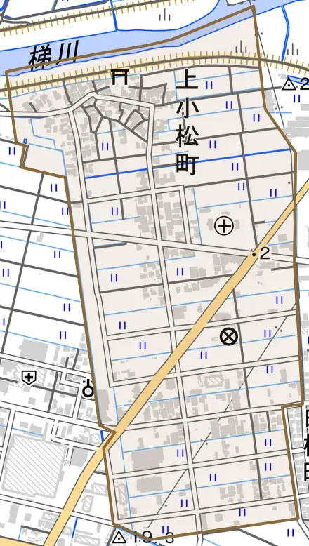 上小松町とその周辺の地図。町の範囲を重ねている