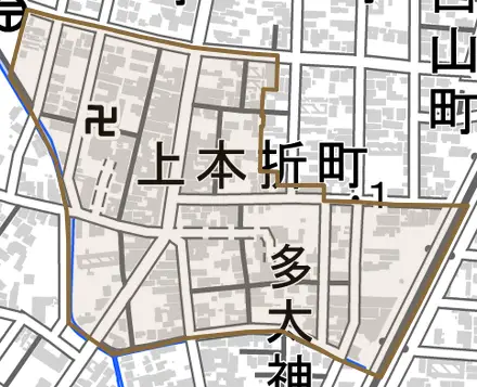上本折町とその周辺の地図。町の範囲を重ねている