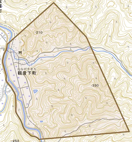 観音下町とその周辺の地図。町の範囲を重ねている