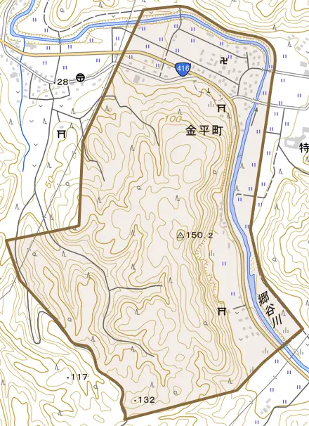 金平町とその周辺の地図。町の範囲を重ねている