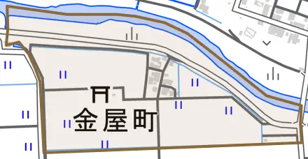 金屋町とその周辺の地図。町の範囲を重ねている