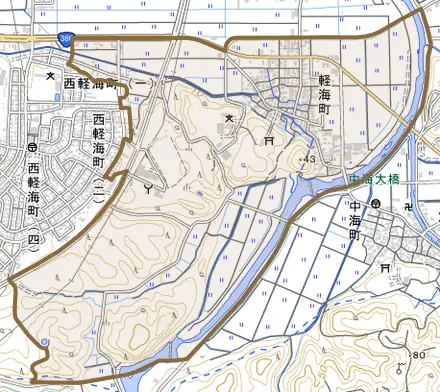 軽海町とその周辺の地図。町の範囲を重ねている