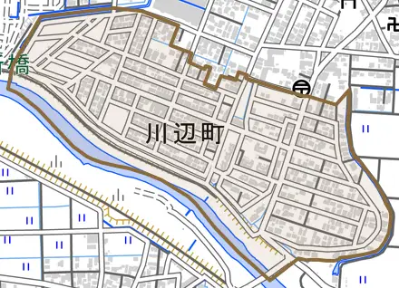 川辺町とその周辺の地図。町の範囲を重ねている