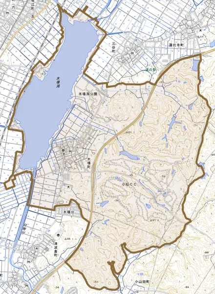 木場町とその周辺の地図。町の範囲を重ねている