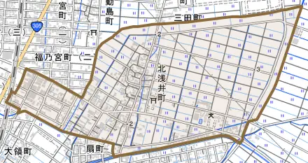 北浅井町とその周辺の地図。町の範囲を重ねている