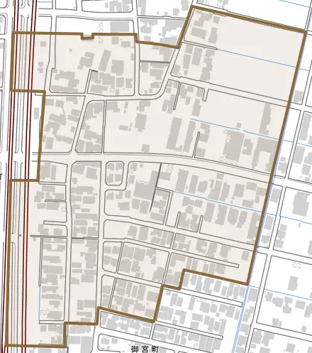 小寺町とその周辺の地図。町の範囲を重ねている