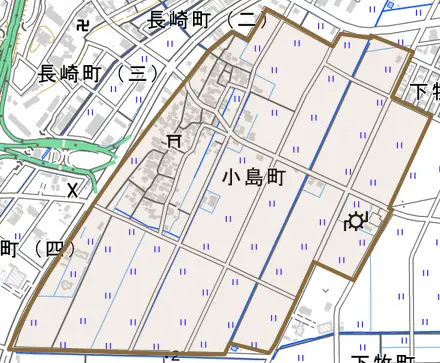小島町とその周辺の地図。町の範囲を重ねている