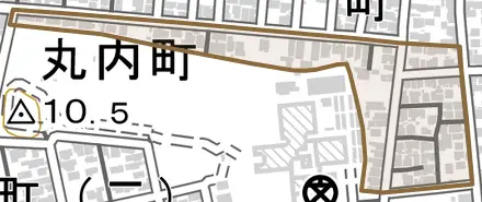 古城町とその周辺の地図。町の範囲を重ねている
