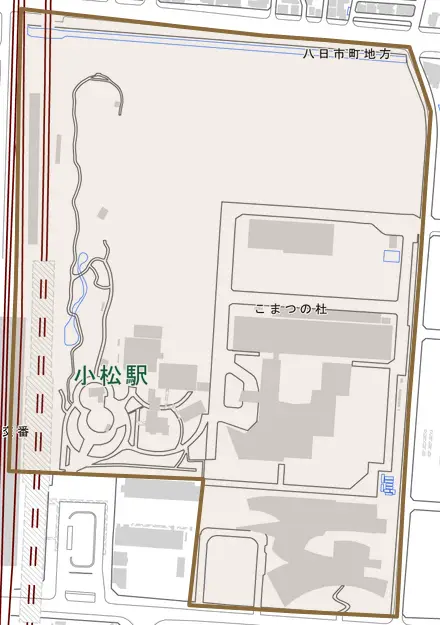 こまつの杜とその周辺の地図。町の範囲を重ねている
