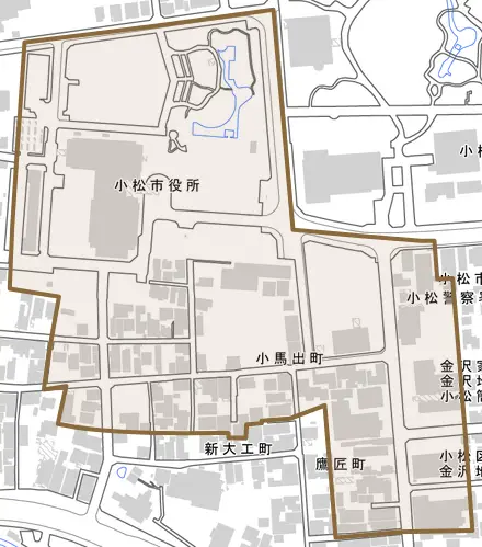 小馬出町とその周辺の地図。町の範囲を重ねている