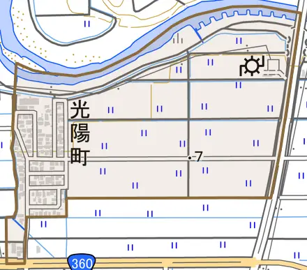 光陽町とその周辺の地図。町の範囲を重ねている