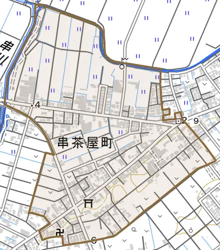 串茶屋町とその周辺の地図。町の範囲を重ねている