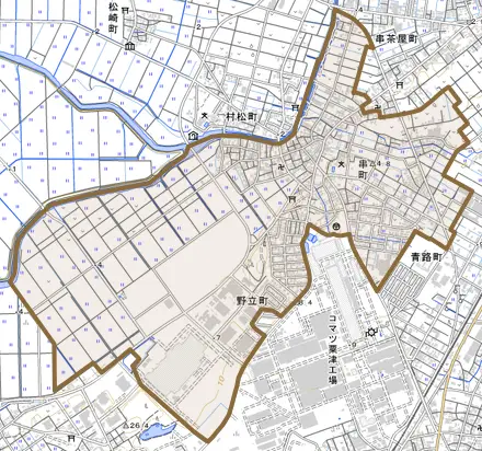 串町とその周辺の地図。町の範囲を重ねている