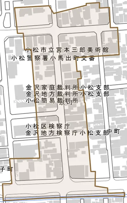 京町とその周辺の地図。町の範囲を重ねている