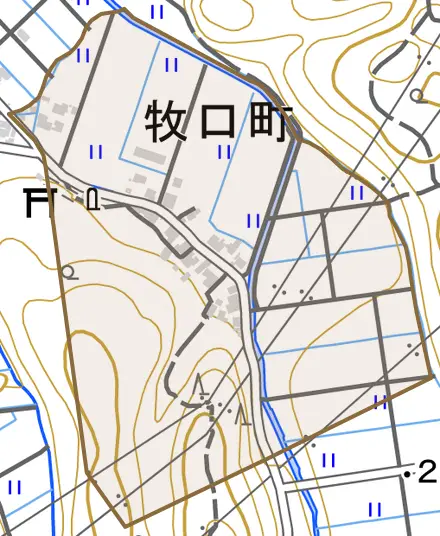 牧口町とその周辺の地図。町の範囲を重ねている
