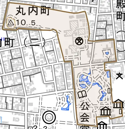 丸の内公園町とその周辺の地図。町の範囲を重ねている