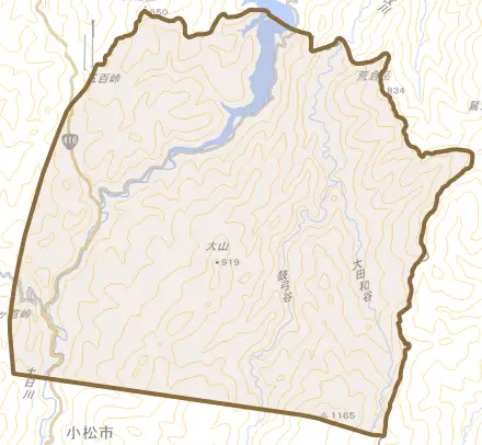 丸山町とその周辺の地図。町の範囲を重ねている