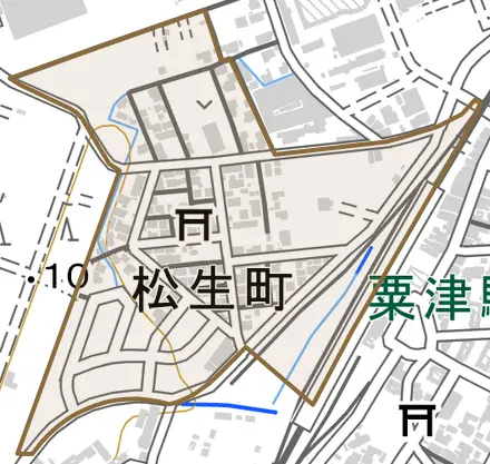 松生町とその周辺の地図。町の範囲を重ねている