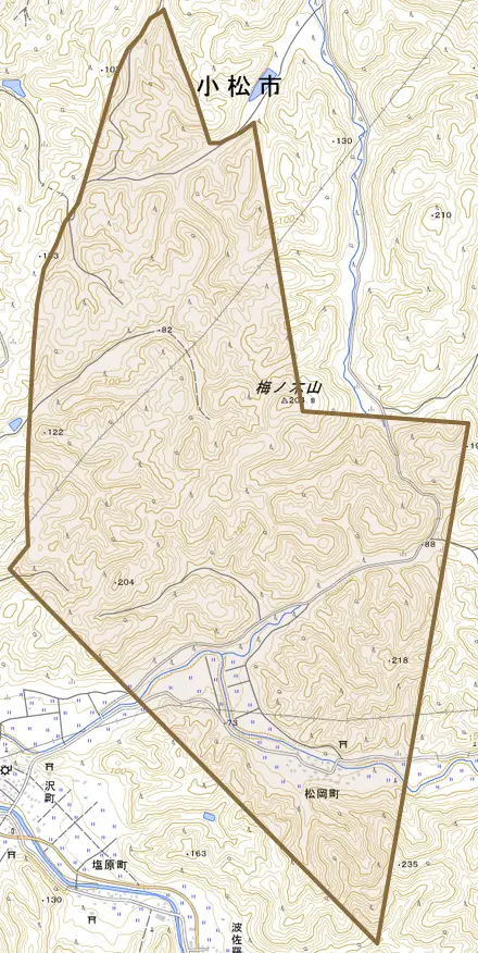 松岡町とその周辺の地図。町の範囲を重ねている